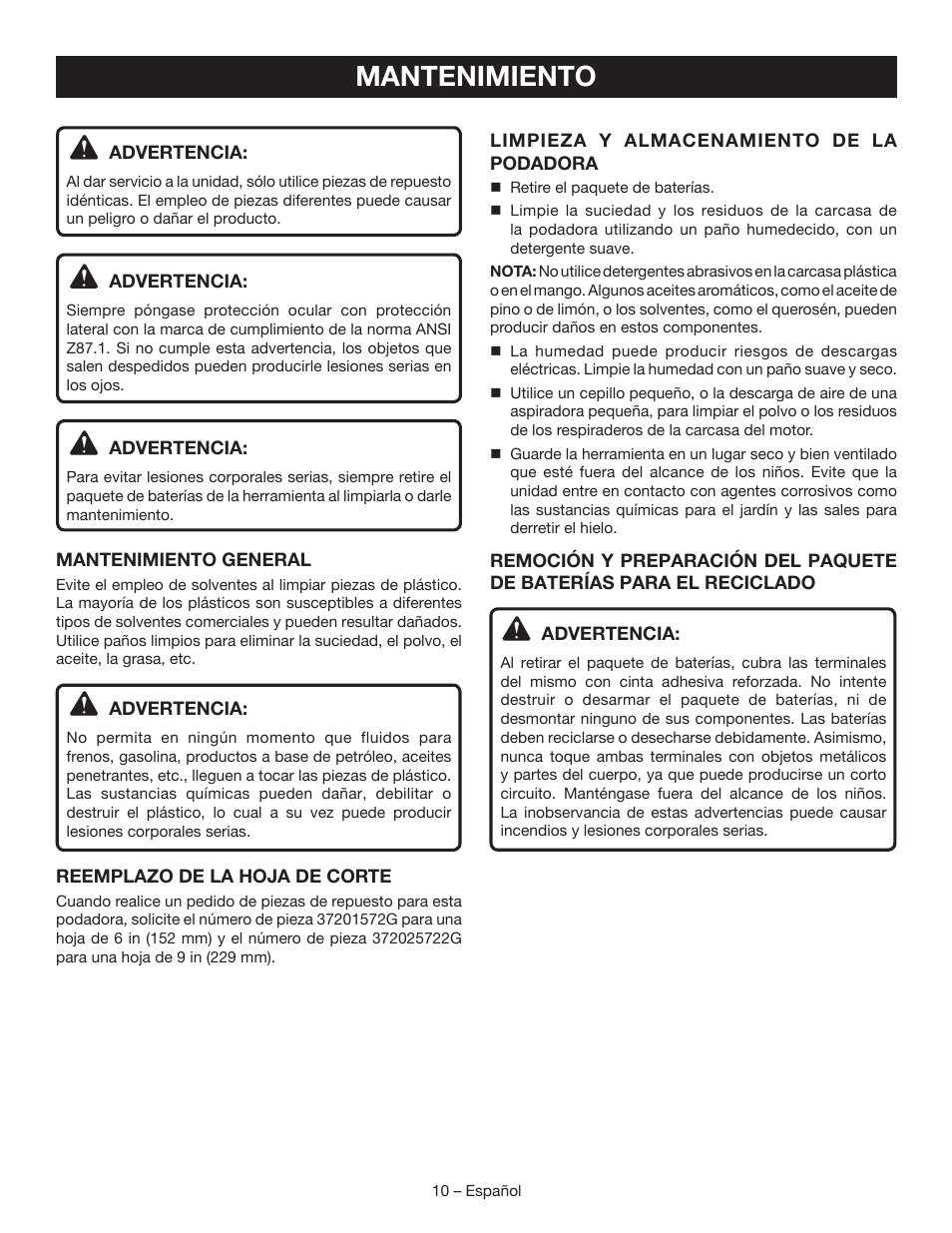 Mantenimiento | Ryobi P561 User Manual | Page 30 / 34