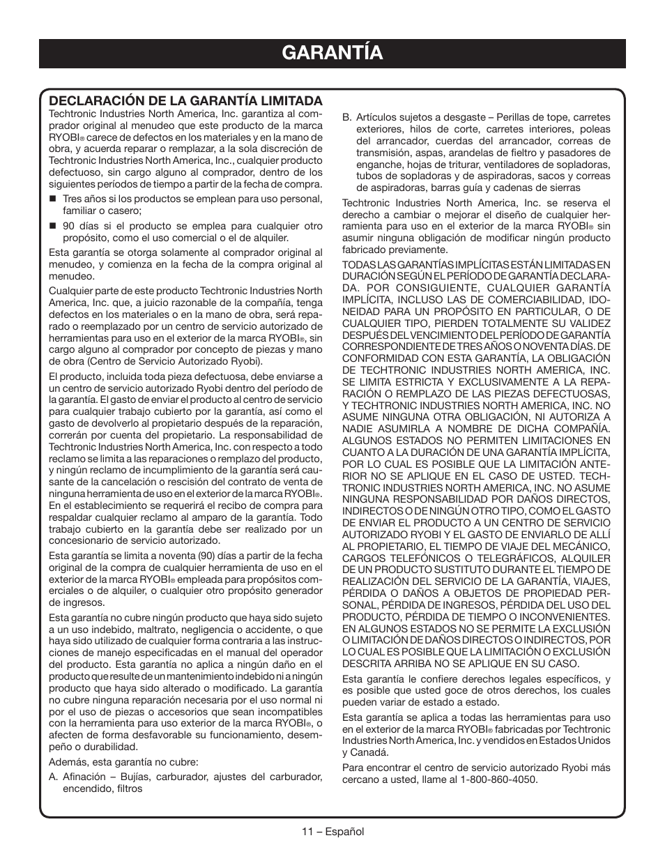 Garantía, Declaración de la garantía limitada | Ryobi P561 User Manual | Page 31 / 34