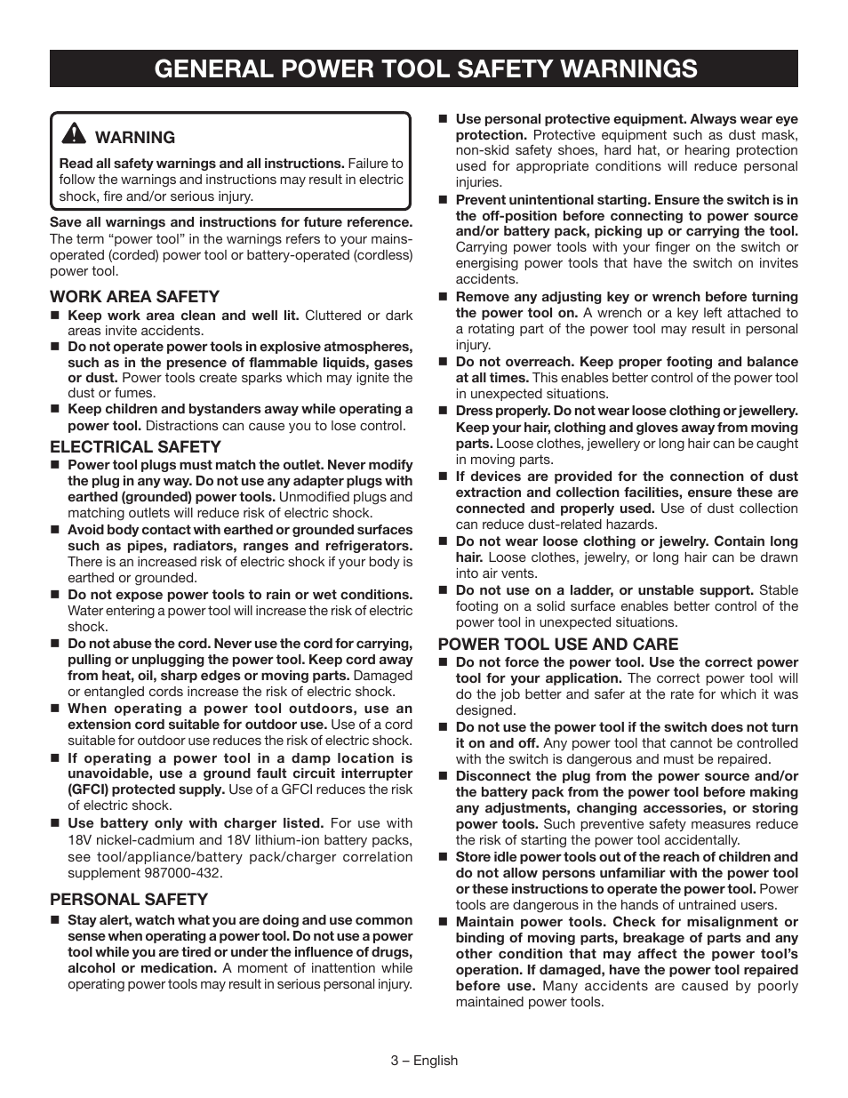 General power tool safety warnings | Ryobi P561 User Manual | Page 5 / 34