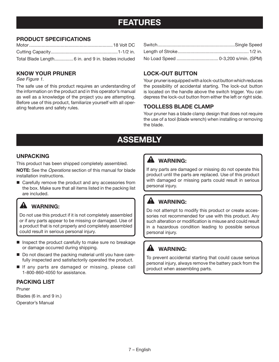 Features, Assembly | Ryobi P561 User Manual | Page 9 / 34