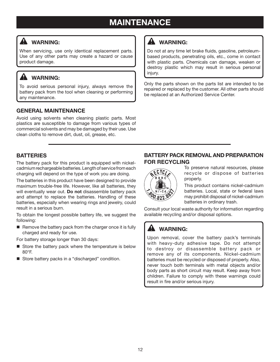 Maintenance | Ryobi P740 User Manual | Page 12 / 14