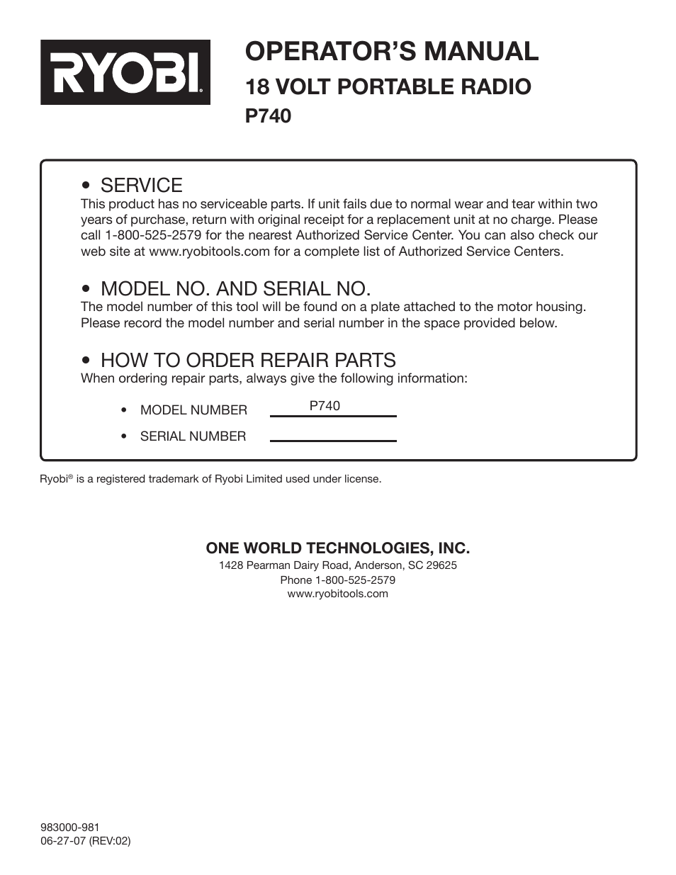 Operator’s manual, 18 volt portable radio, P740 | Service, Model no. and serial no, How to order repair parts | Ryobi P740 User Manual | Page 14 / 14