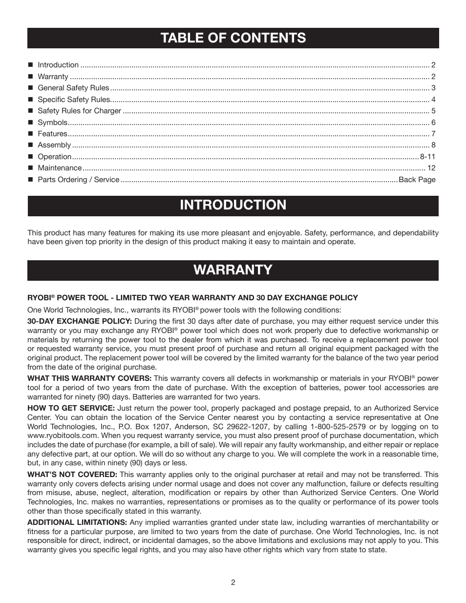 Table of contents introduction, Warranty | Ryobi P740 User Manual | Page 2 / 14