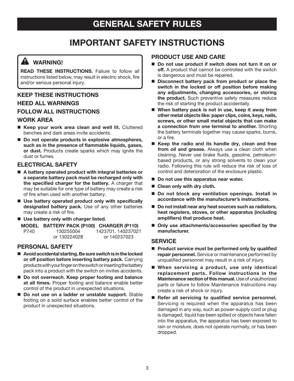 General safety rules, Important safety instructions | Ryobi P740 User Manual | Page 3 / 14