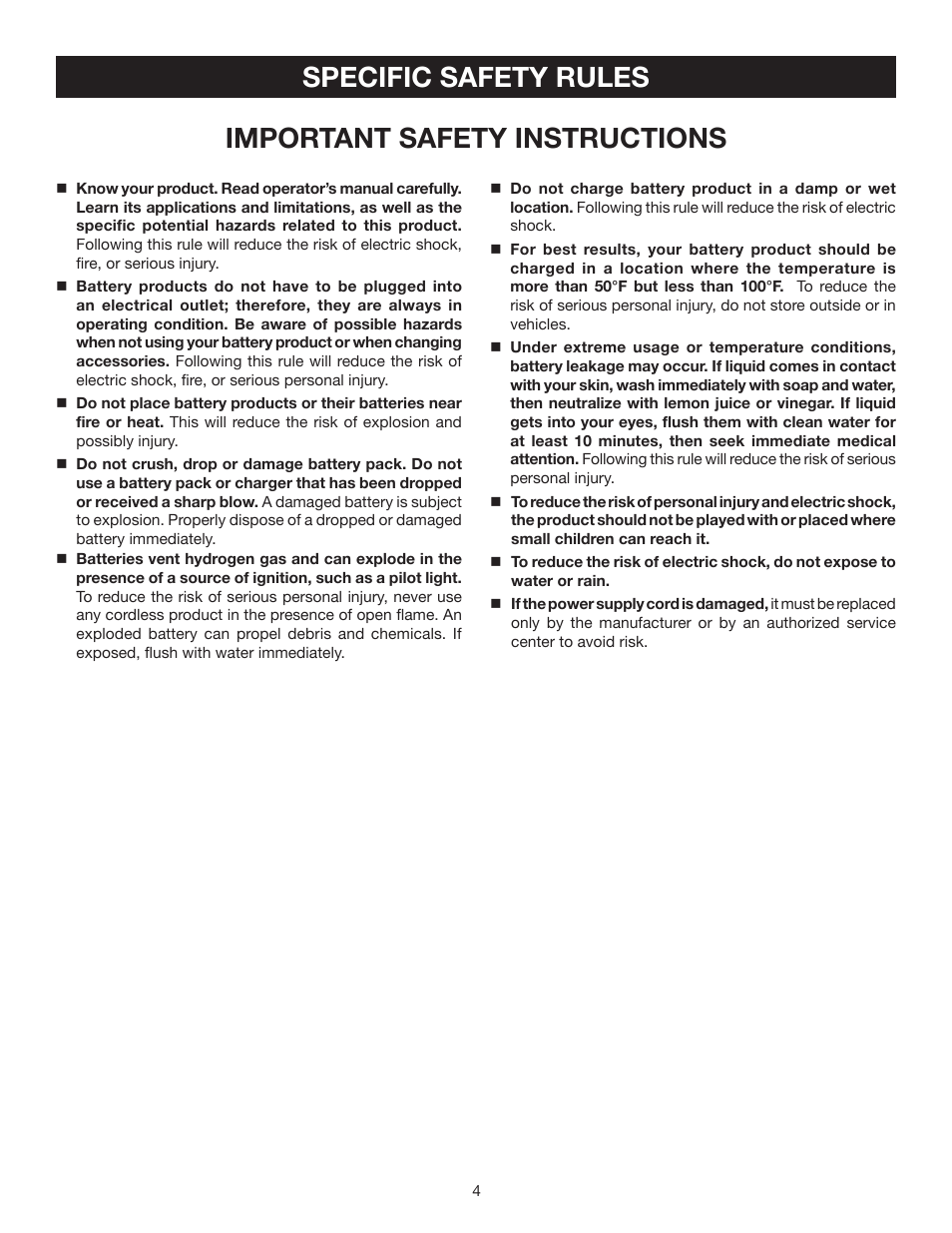 Specific safety rules, Important safety instructions | Ryobi P740 User Manual | Page 4 / 14