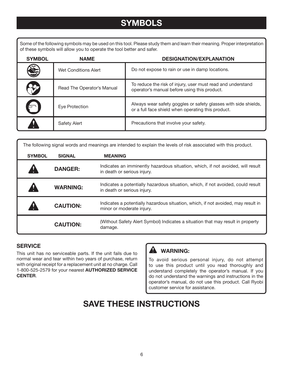 Symbols, Save these instructions | Ryobi P740 User Manual | Page 6 / 14