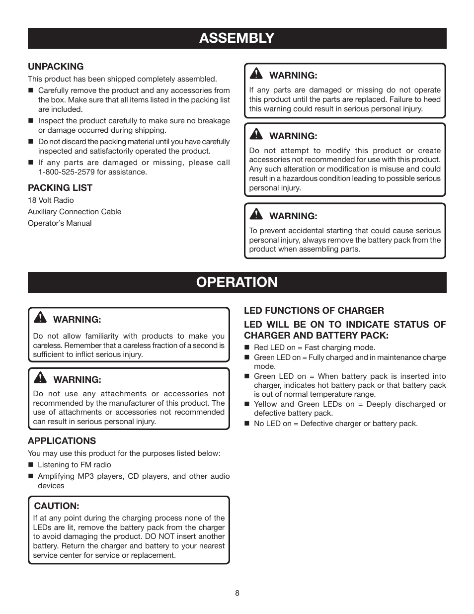 Assembly, Operation | Ryobi P740 User Manual | Page 8 / 14