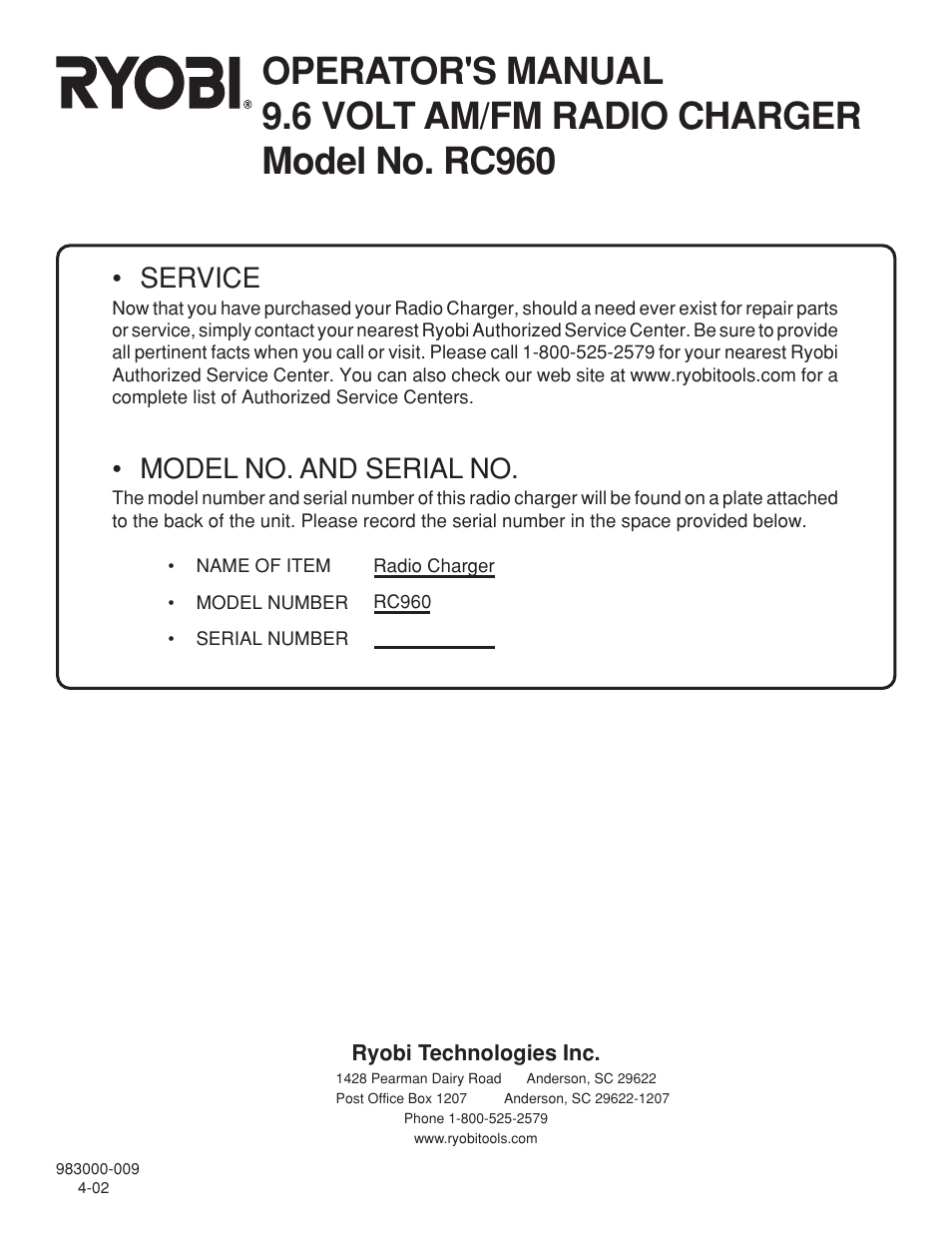 Service, Model no. and serial no | Ryobi RC960 User Manual | Page 12 / 12