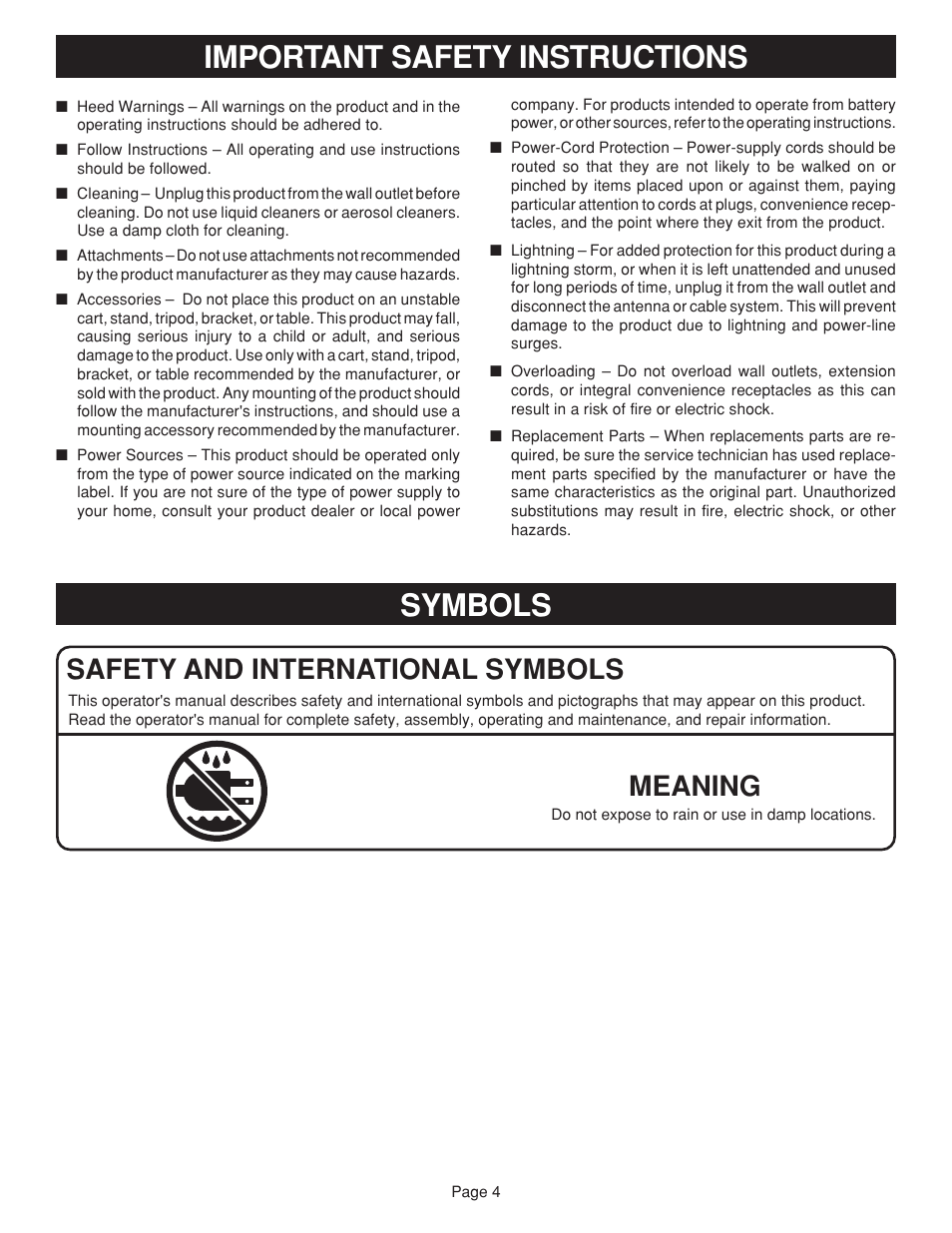 Important safety instructions, Symbols, Safety and international symbols meaning | Ryobi RC960 User Manual | Page 4 / 12