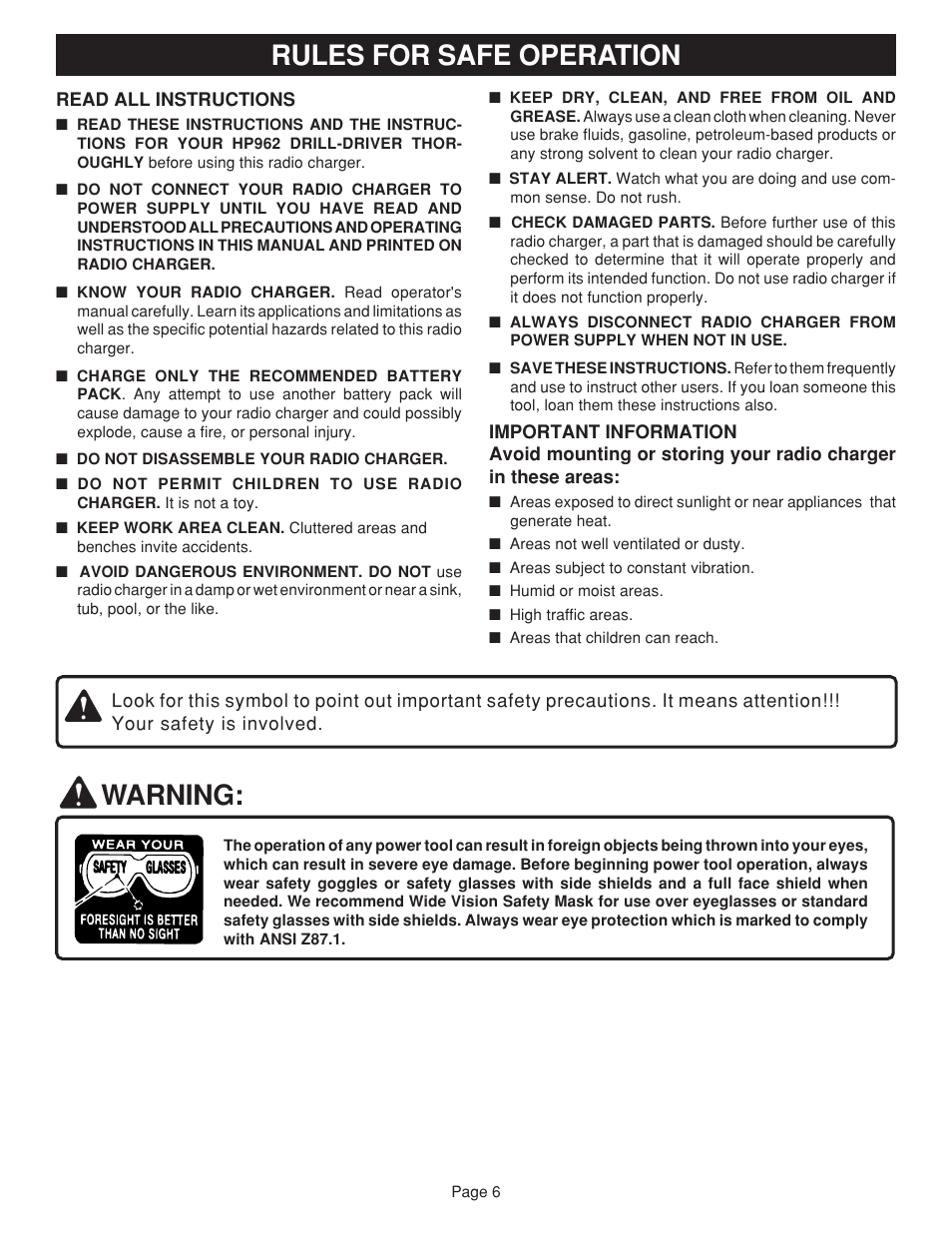Rules for safe operation, Warning | Ryobi RC960 User Manual | Page 6 / 12