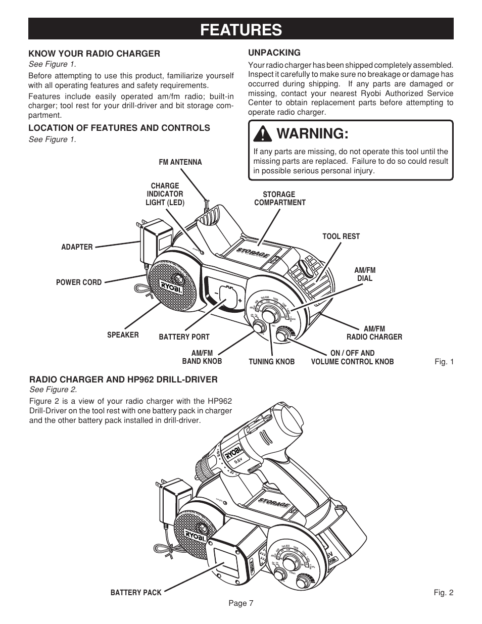 Features, Warning, Know your radio charger | Location of features and controls, Unpacking, Radio charger and hp962 drill-driver, Page 7, Storage | Ryobi RC960 User Manual | Page 7 / 12
