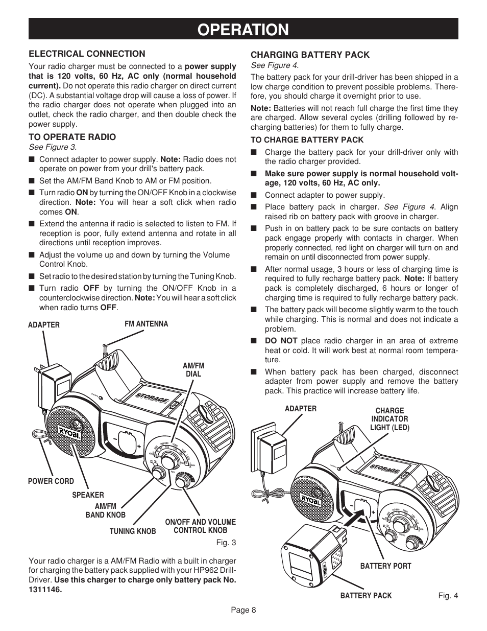 Operation, Electrical connection, Charging battery pack | Page 8, Storage | Ryobi RC960 User Manual | Page 8 / 12