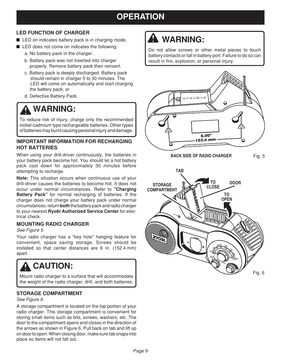 Operation, Warning, Caution | Led function of charger, Important information for recharging hot batteries, Mounting radio charger, Storage compartment, Page 9, Fig. 5 back side of radio charger, Storage compartment fig. 6 | Ryobi RC960 User Manual | Page 9 / 12