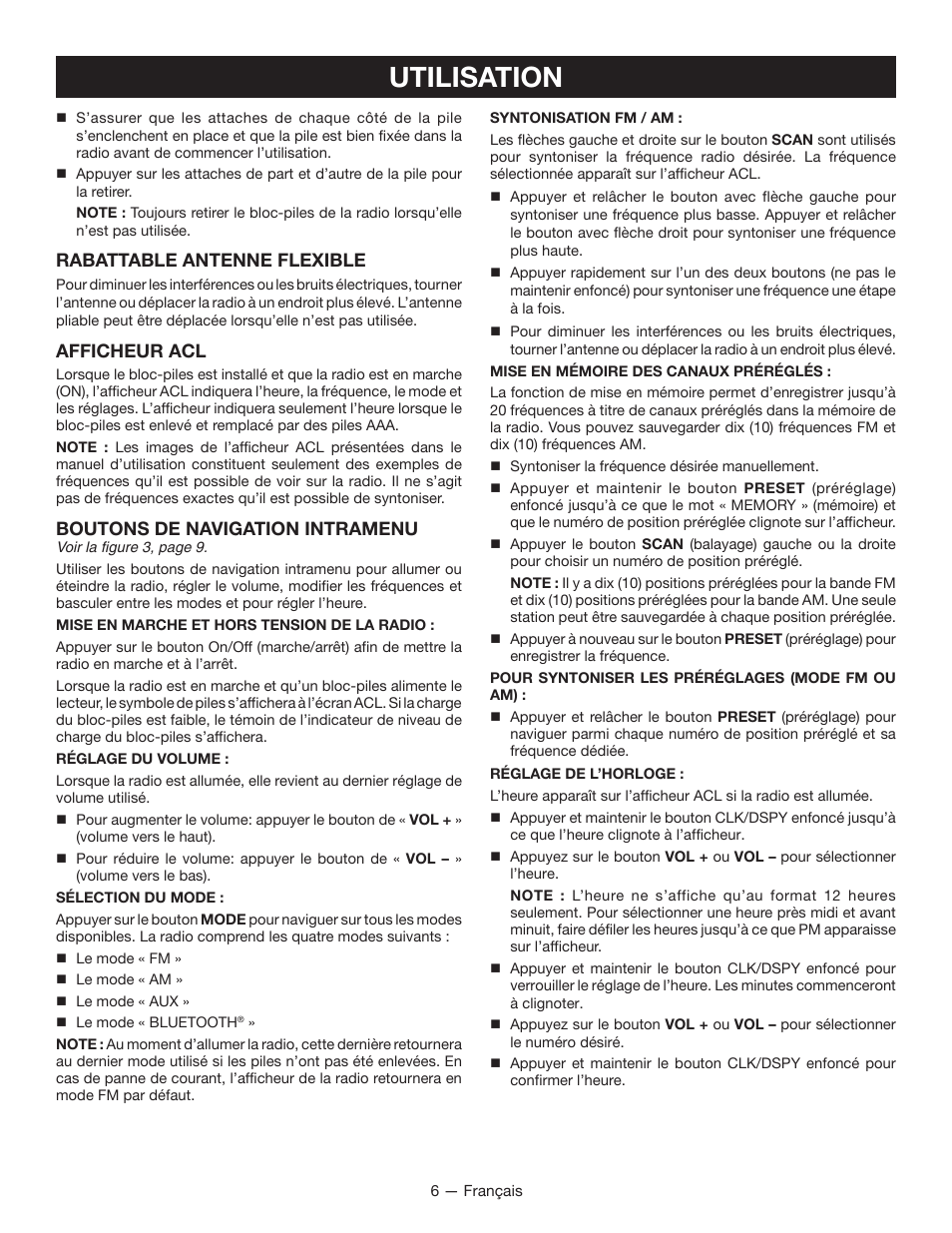 Utilisation, Rabattable antenne flexible, Afficheur acl | Boutons de navigation intramenu | Ryobi P742 User Manual | Page 13 / 28