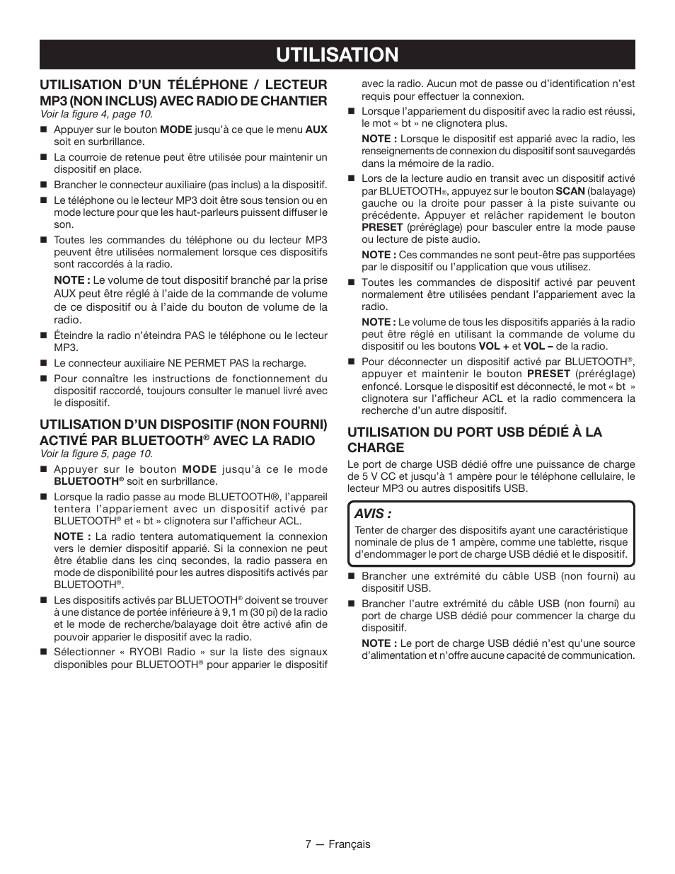 Utilisation, Avec la radio, Utilisation du port usb dédié à la charge | Avis | Ryobi P742 User Manual | Page 14 / 28