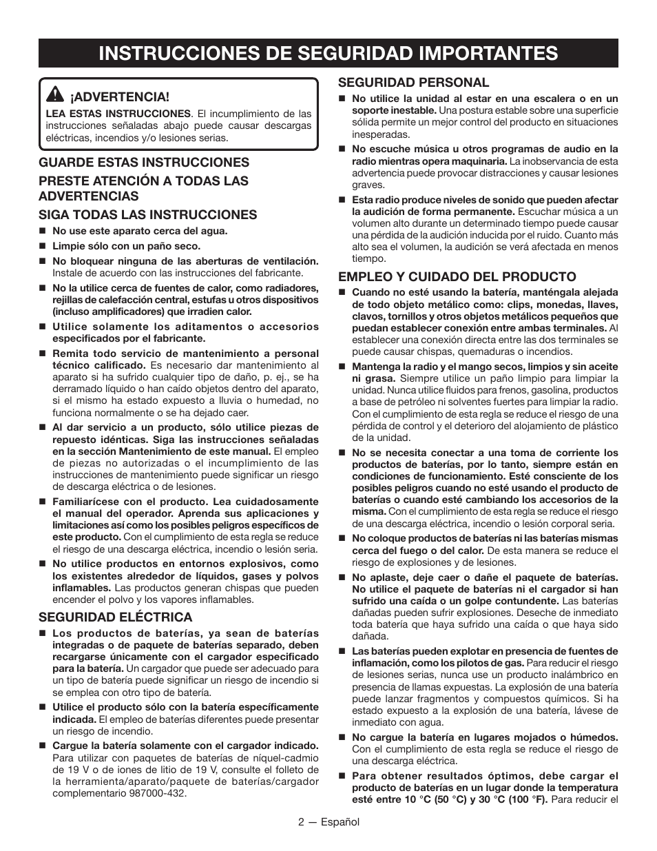 Instrucciones de seguridad importantes, Advertencia, Seguridad eléctrica | Seguridad personal, Empleo y cuidado del producto | Ryobi P742 User Manual | Page 16 / 28