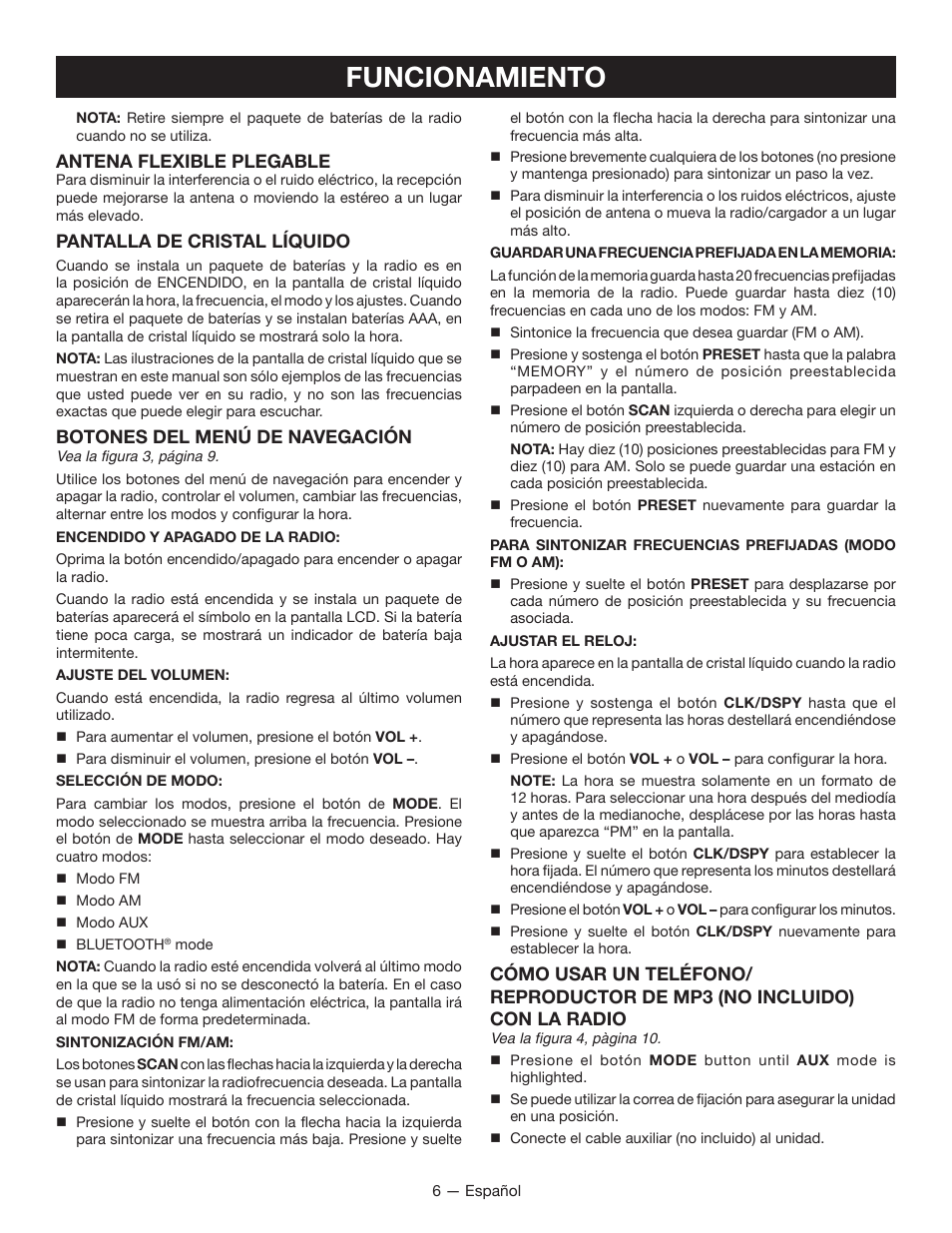Funcionamiento, Antena flexible plegable, Pantalla de cristal líquido | Botones del menú de navegación | Ryobi P742 User Manual | Page 20 / 28