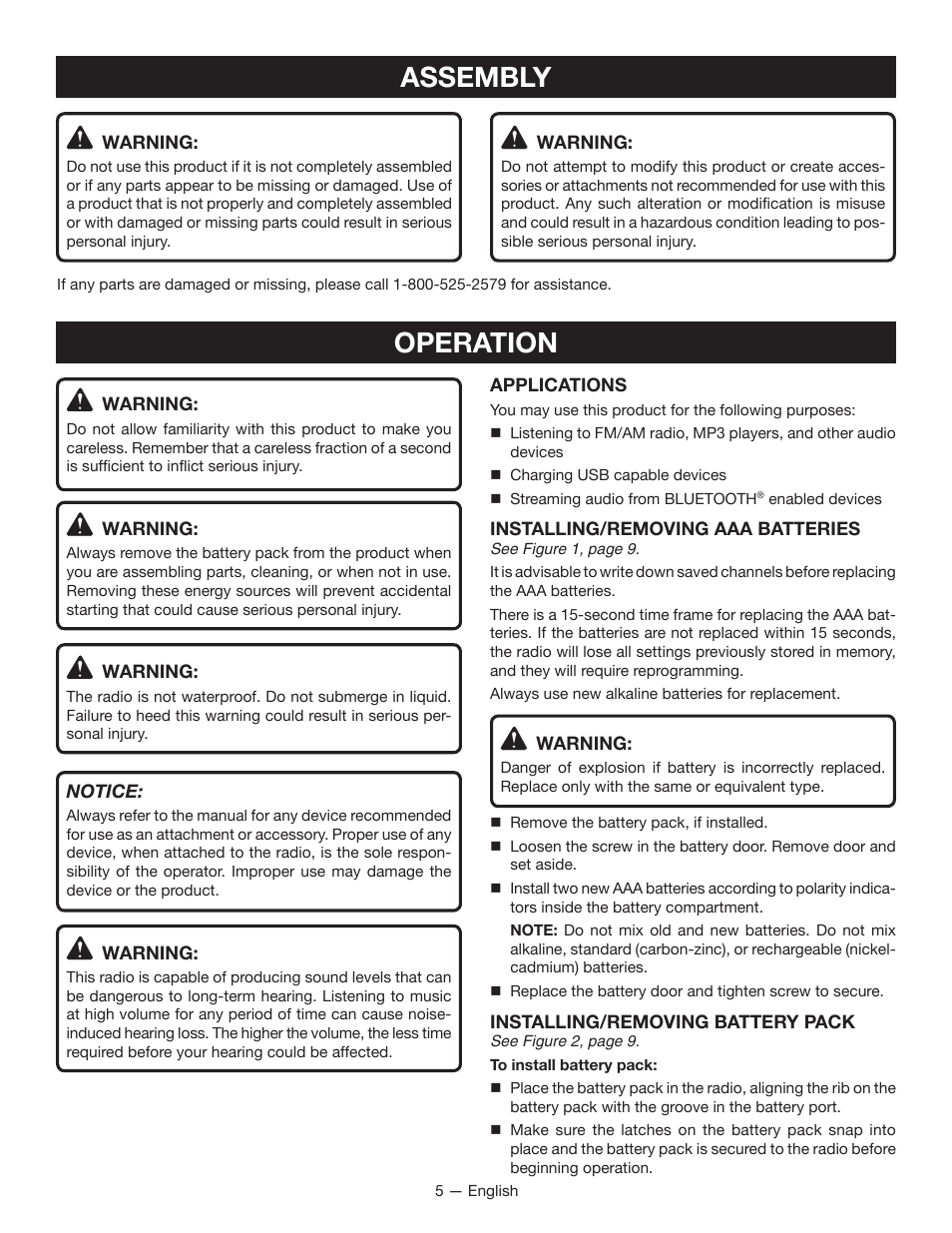 Assembly, Operation | Ryobi P742 User Manual | Page 5 / 28