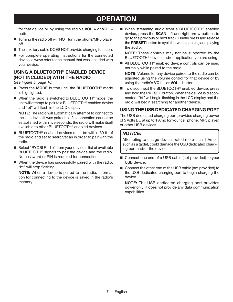Operation | Ryobi P742 User Manual | Page 7 / 28