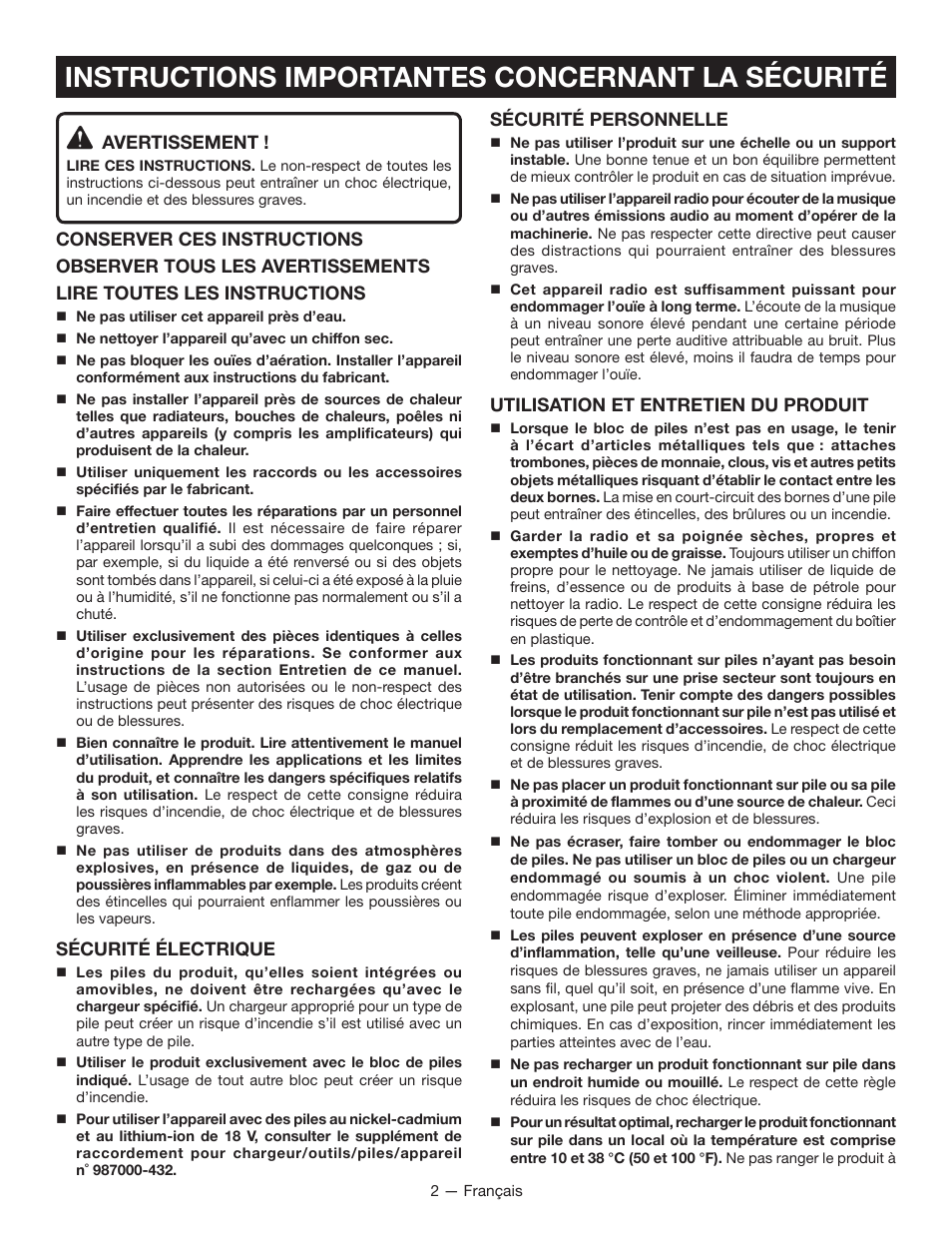 Instructions importantes concernant la sécurité, Avertissement, Sécurité électrique | Sécurité personnelle, Utilisation et entretien du produit | Ryobi P742 User Manual | Page 9 / 28