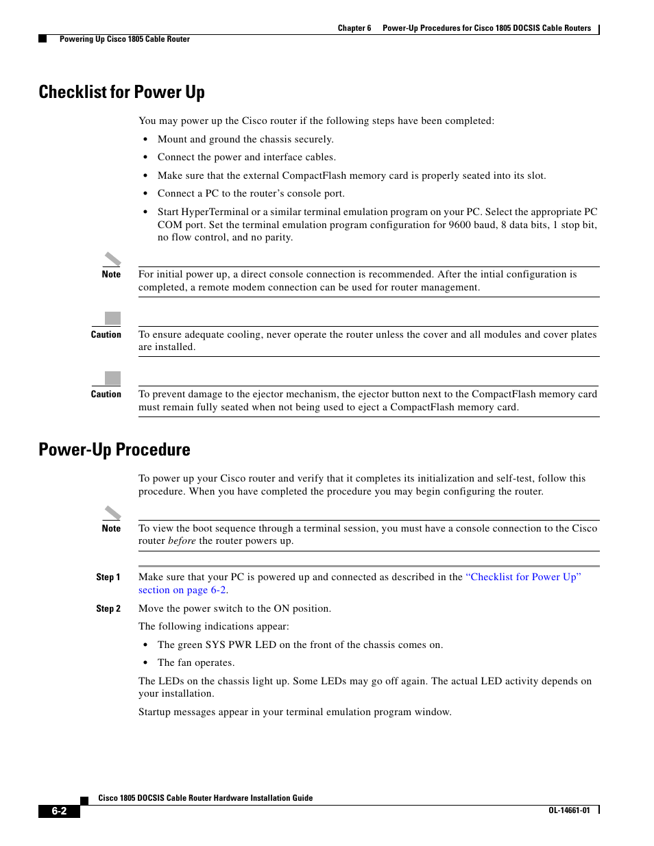 Checklist for power up, Power-up procedure | Cisco 1805 User Manual | Page 2 / 4