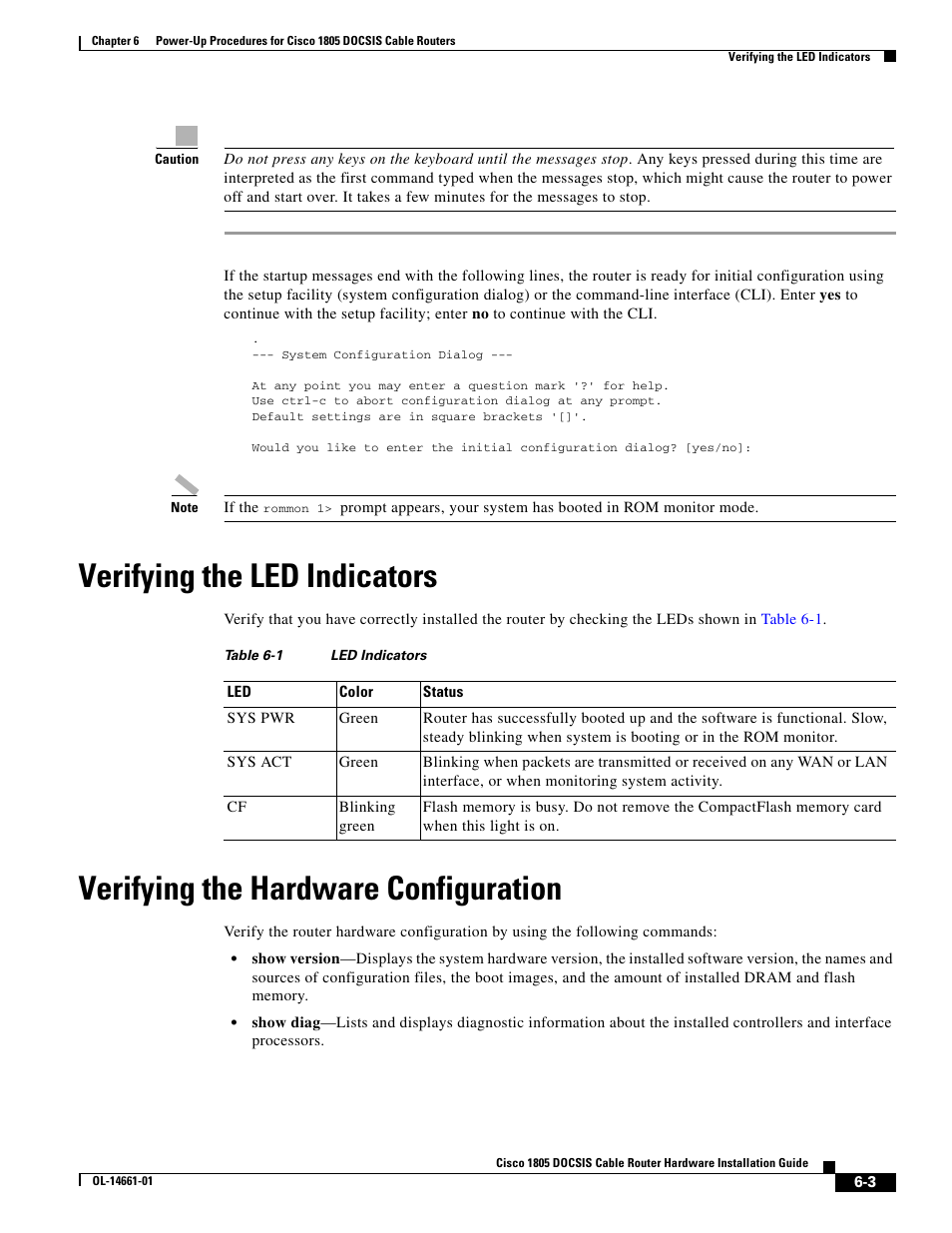 Verifying the led indicators, Verifying the hardware configuration | Cisco 1805 User Manual | Page 3 / 4