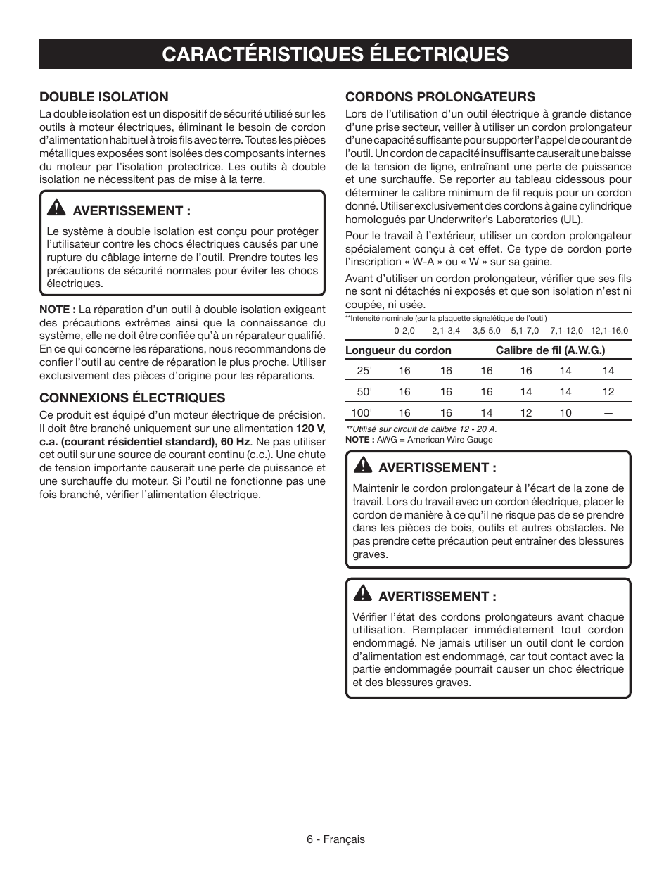 Caractéristiques électriques | Ryobi RJ165V User Manual | Page 14 / 28