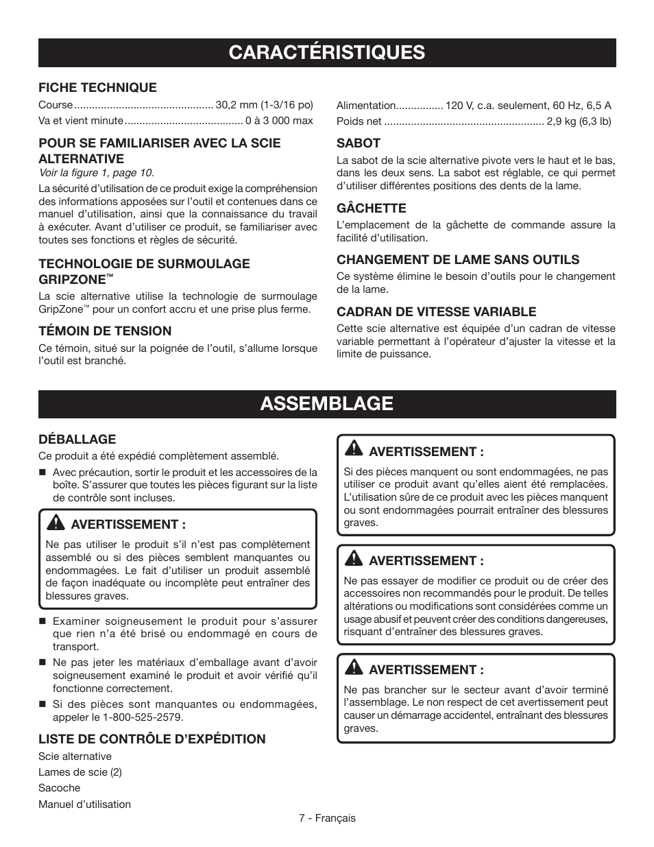 Caractéristiques, Assemblage | Ryobi RJ165V User Manual | Page 15 / 28