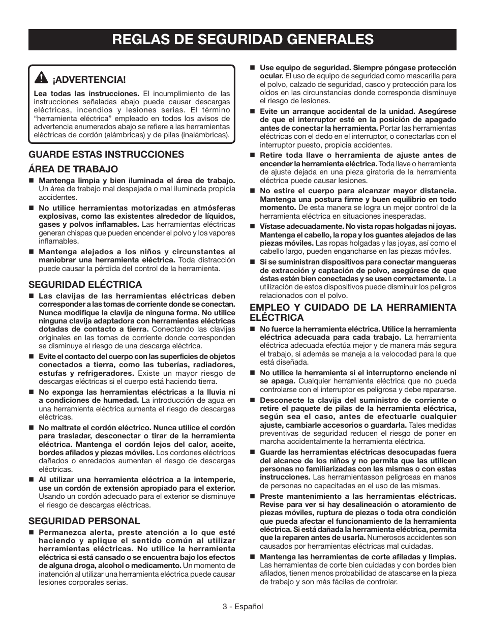 Reglas de seguridad generales, Advertencia, Guarde estas instrucciones área de trabajo | Seguridad eléctrica, Seguridad personal, Empleo y cuidado de la herramienta eléctrica | Ryobi RJ165V User Manual | Page 19 / 28