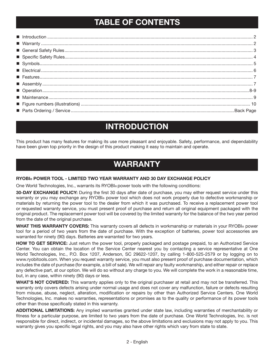 Table of contents introduction, Warranty | Ryobi RJ165V User Manual | Page 2 / 28