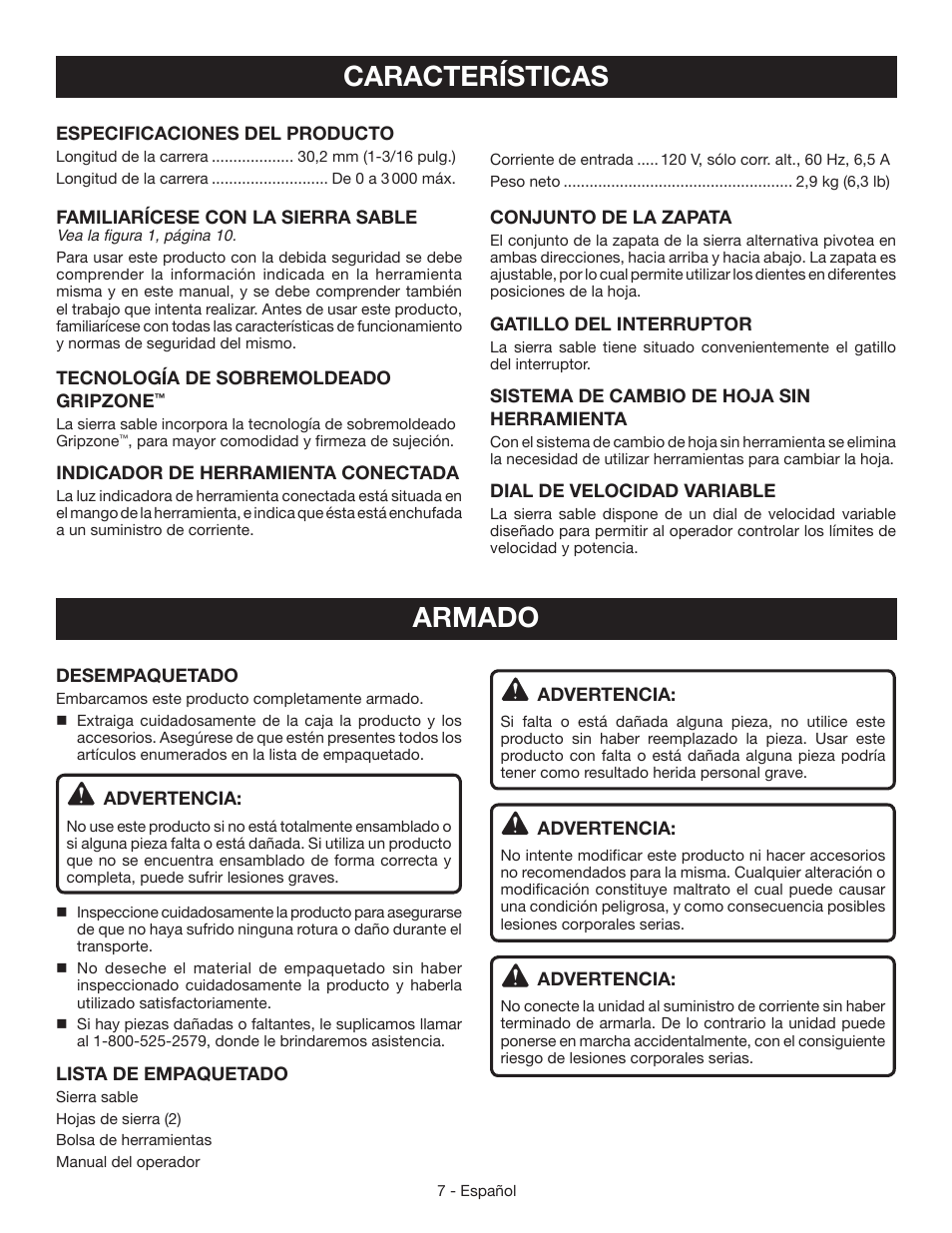 Características, Armado | Ryobi RJ165V User Manual | Page 23 / 28