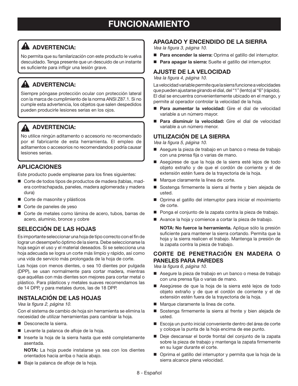 Funcionamiento | Ryobi RJ165V User Manual | Page 24 / 28