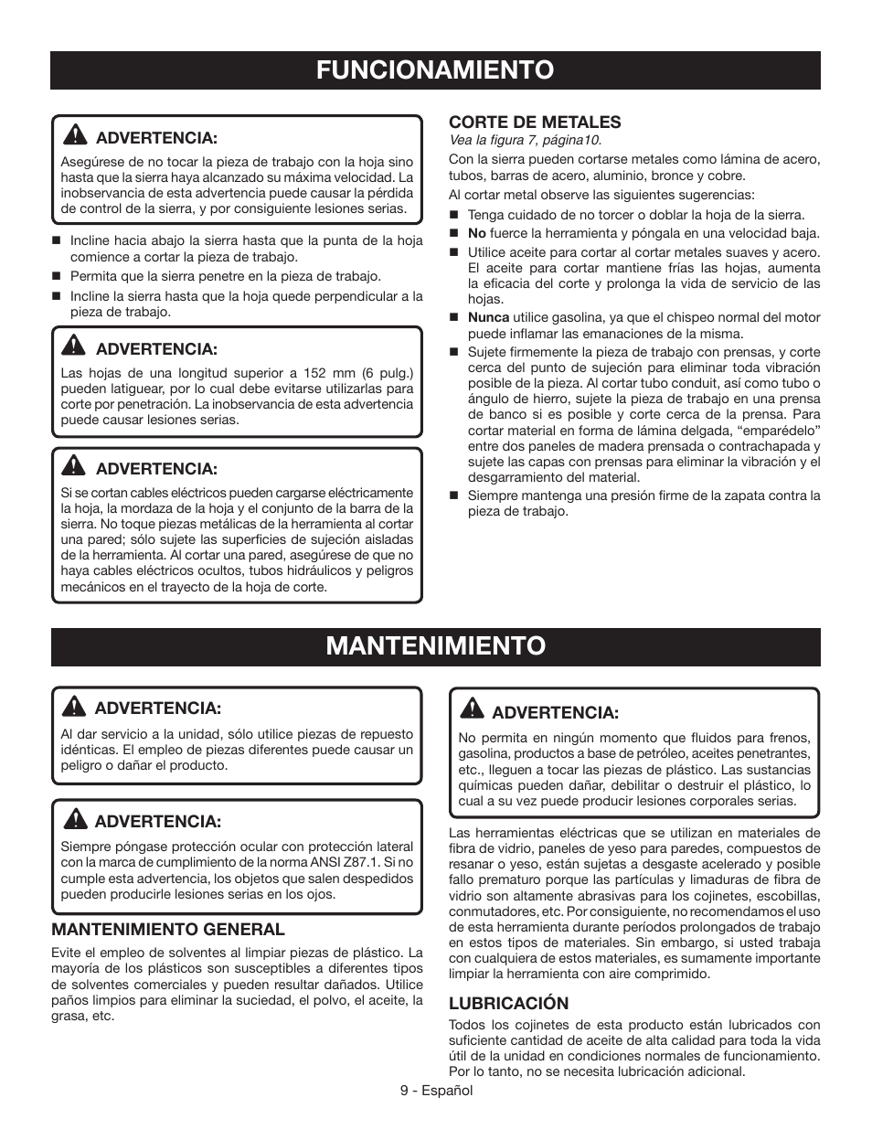 Funcionamiento, Mantenimiento | Ryobi RJ165V User Manual | Page 25 / 28