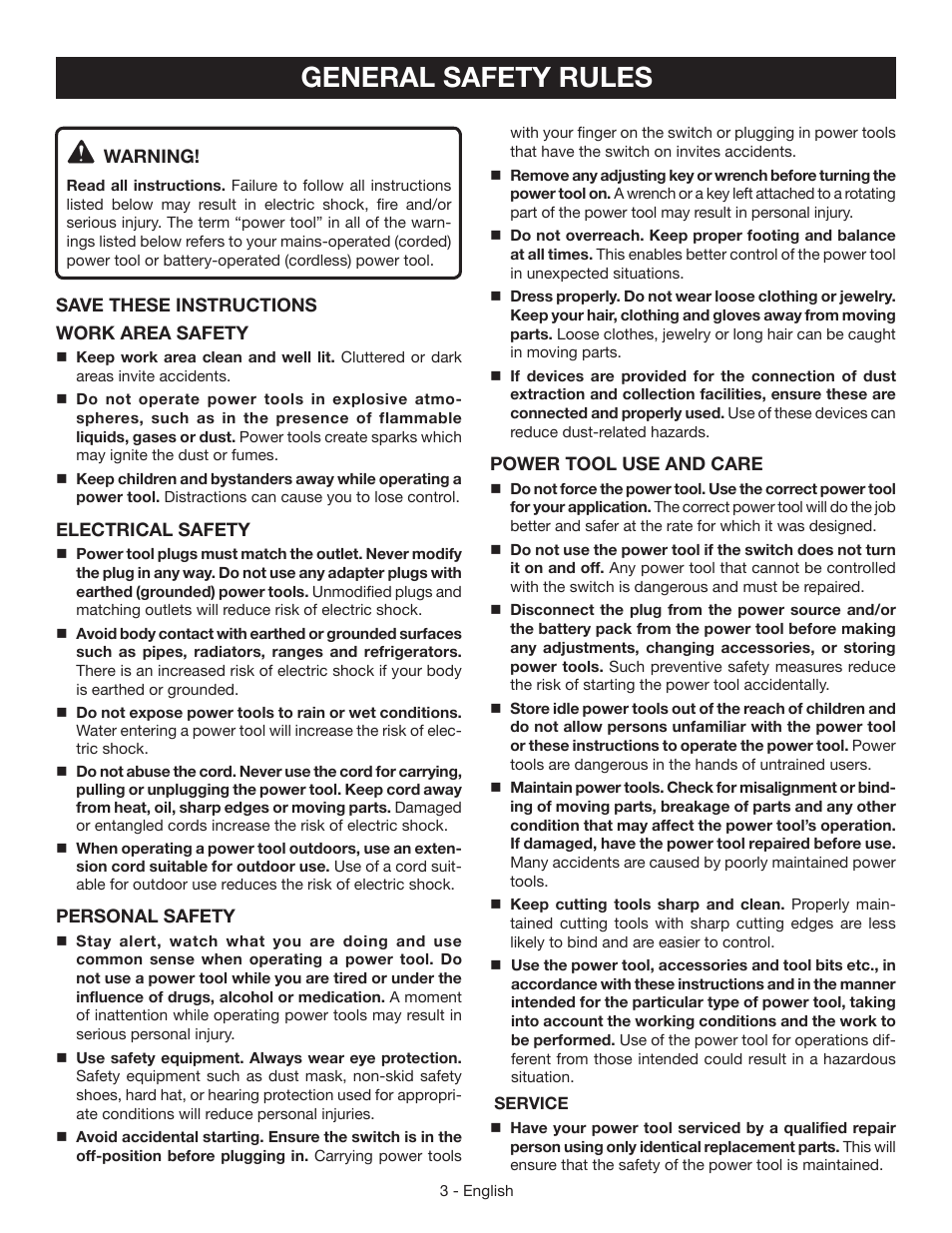 General safety rules | Ryobi RJ165V User Manual | Page 3 / 28