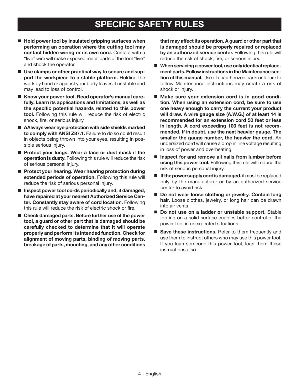 Specific safety rules | Ryobi RJ165V User Manual | Page 4 / 28