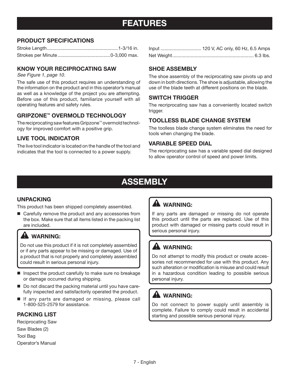 Features, Assembly | Ryobi RJ165V User Manual | Page 7 / 28
