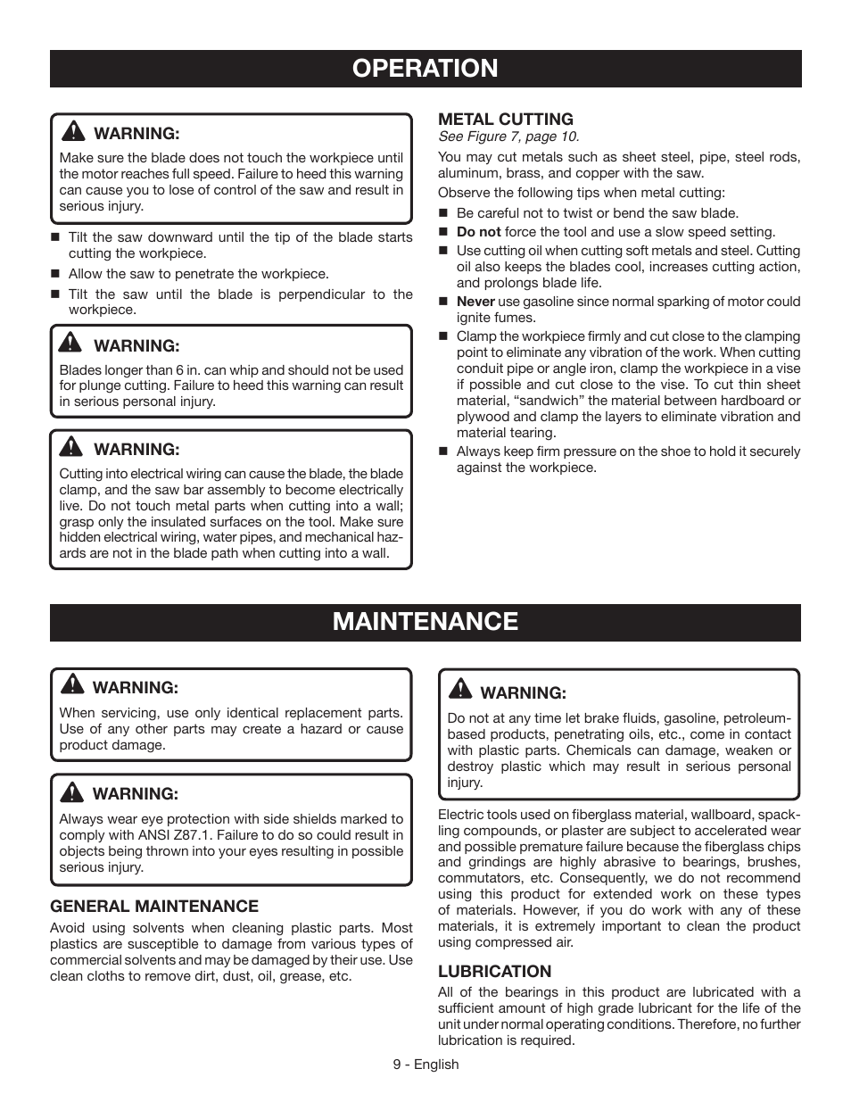 Operation, Maintenance | Ryobi RJ165V User Manual | Page 9 / 28