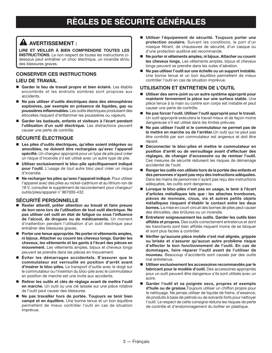 Règles de sécurité générales, Avertissement | Ryobi P510 User Manual | Page 10 / 24