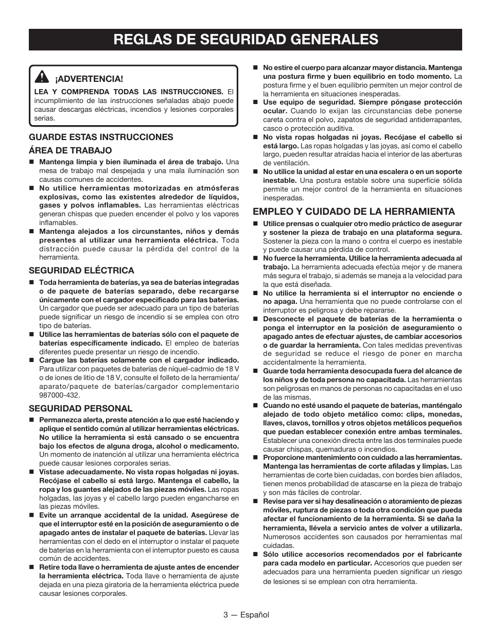 Reglas de seguridad generales | Ryobi P510 User Manual | Page 17 / 24