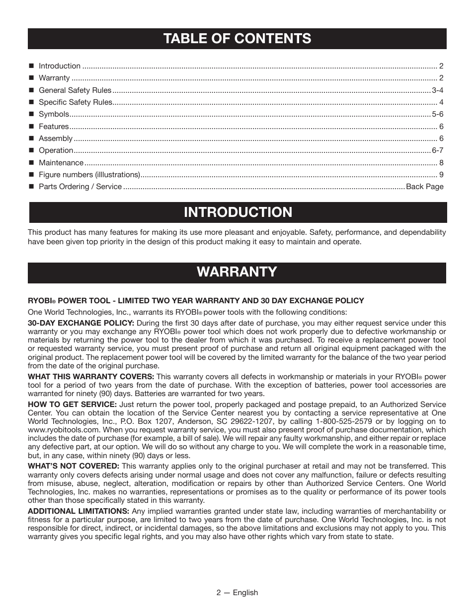 Table of contents introduction, Warranty | Ryobi P510 User Manual | Page 2 / 24