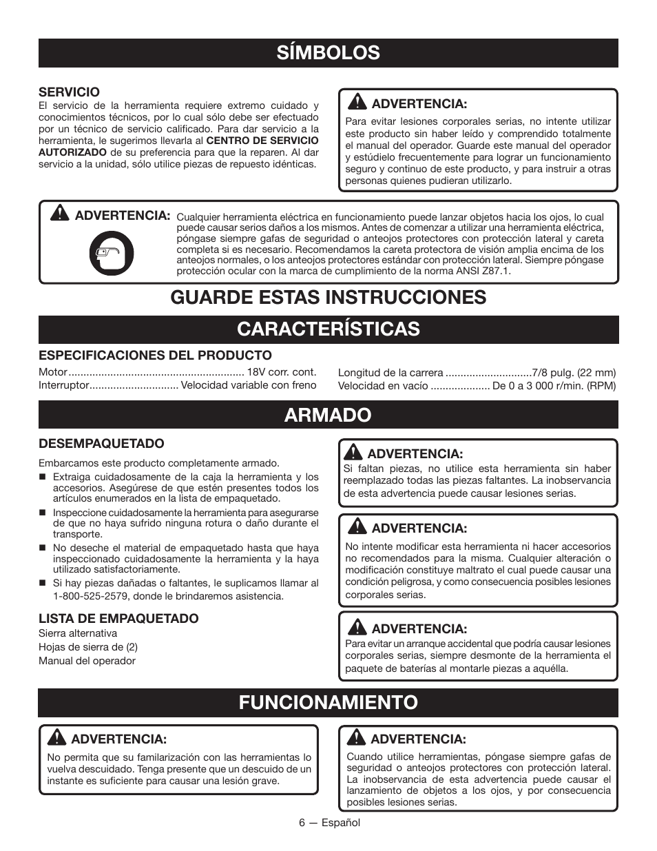 Símbolos, Guarde estas instrucciones, Características | Armado, Funcionamiento | Ryobi P510 User Manual | Page 20 / 24