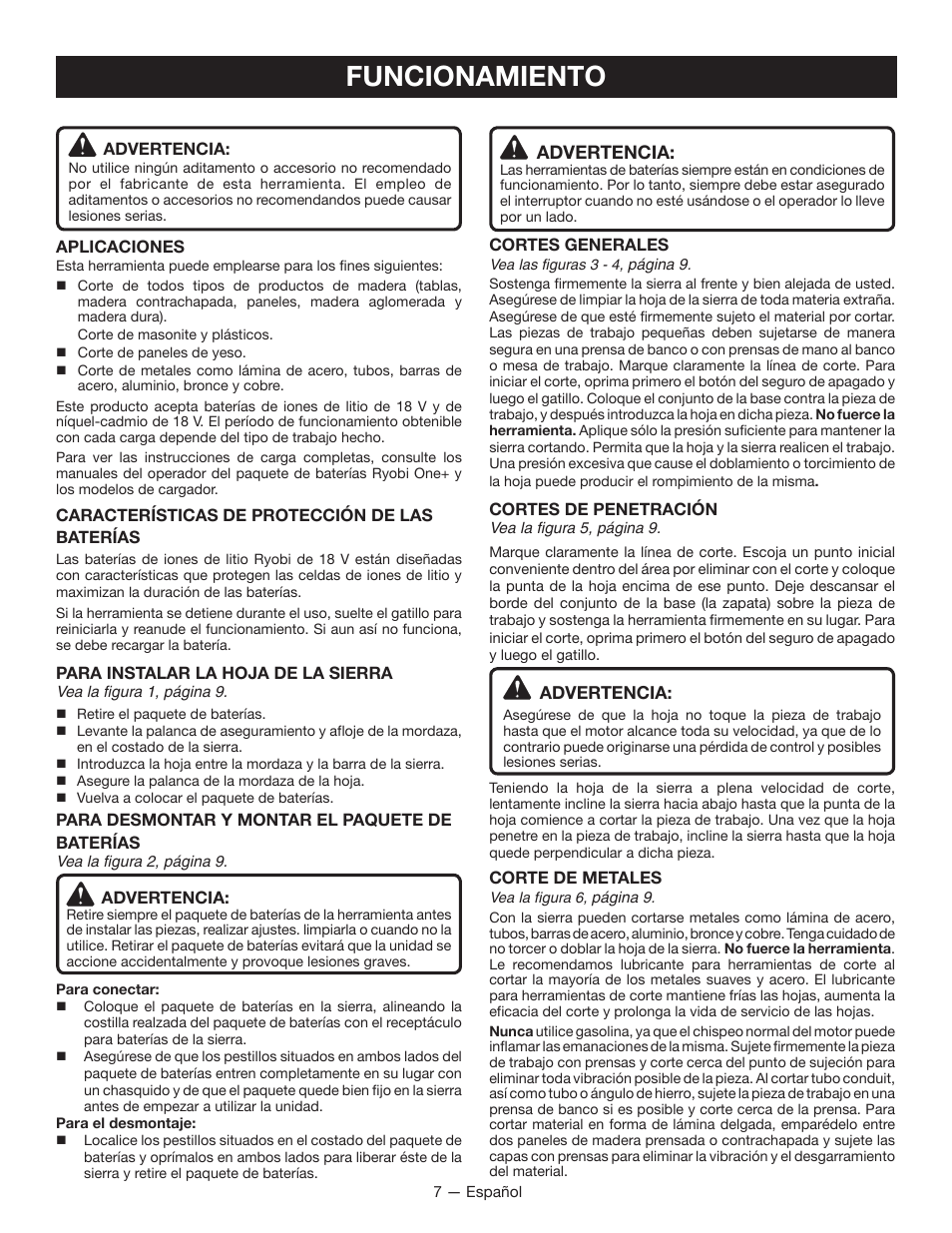 Funcionamiento, Advertencia | Ryobi P510 User Manual | Page 21 / 24