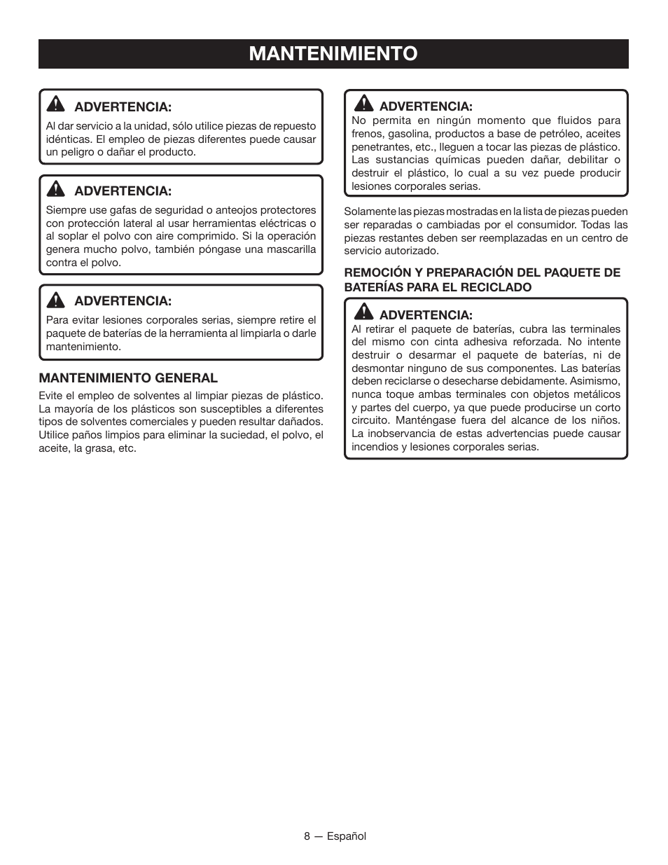 Mantenimiento | Ryobi P510 User Manual | Page 22 / 24