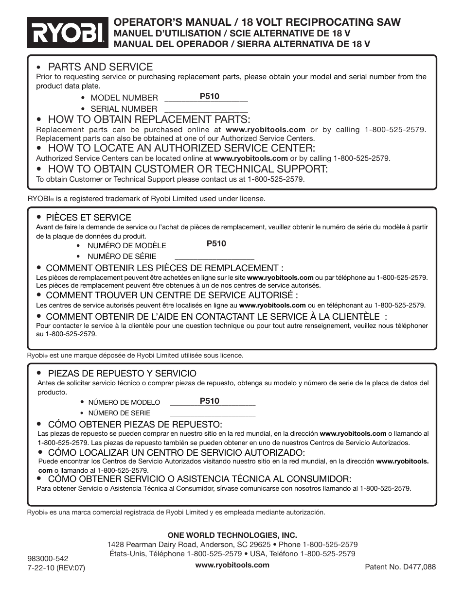 Parts and service, How to obtain replacement parts, How to locate an authorized service center | How to obtain customer or technical support, Operator’s manual / 18 volt reciprocating saw | Ryobi P510 User Manual | Page 24 / 24