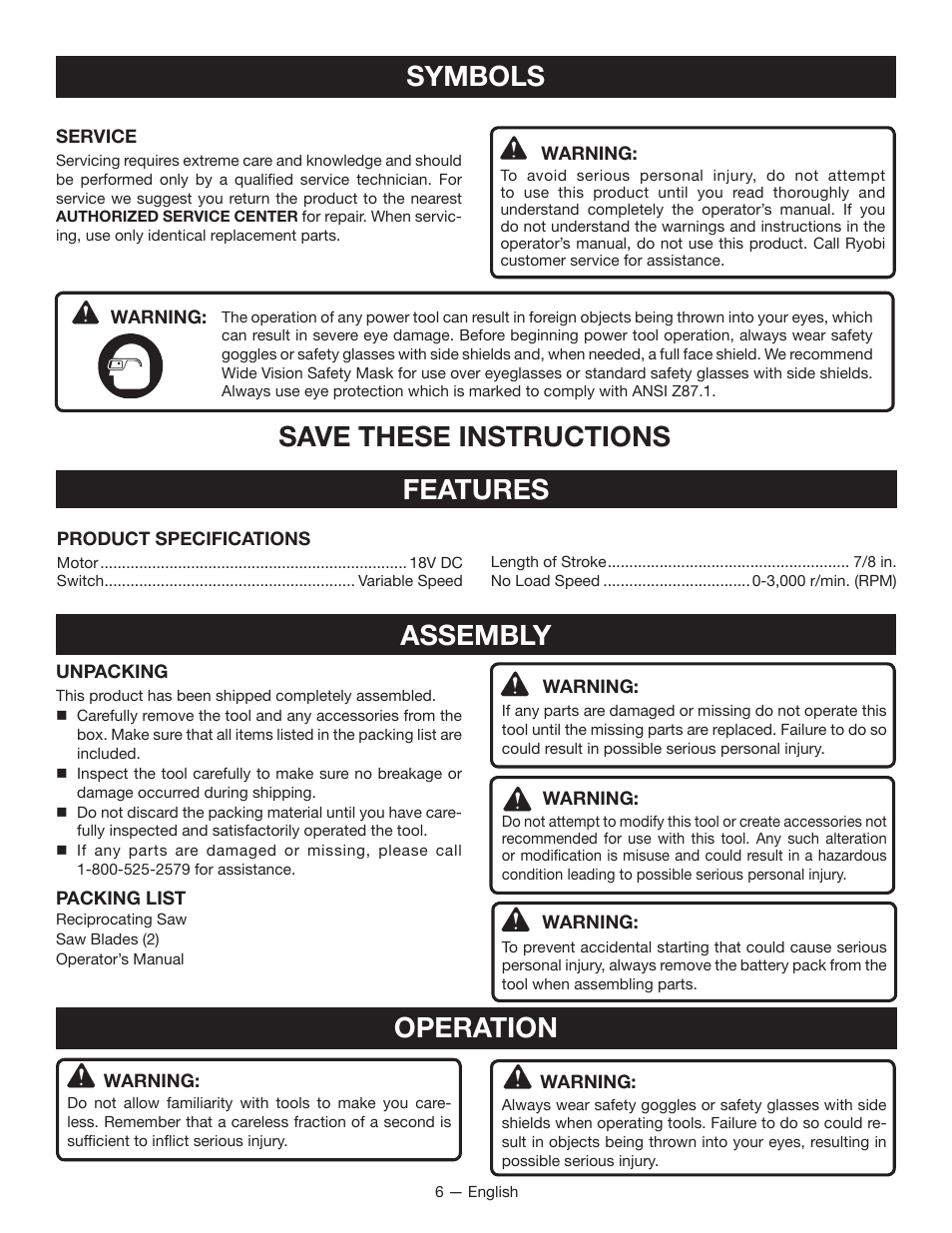 Save these instructions, Features, Assembly | Symbols operation | Ryobi P510 User Manual | Page 6 / 24