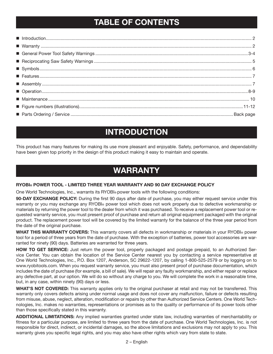 Table of contents introduction, Warranty | Ryobi P513 User Manual | Page 2 / 32