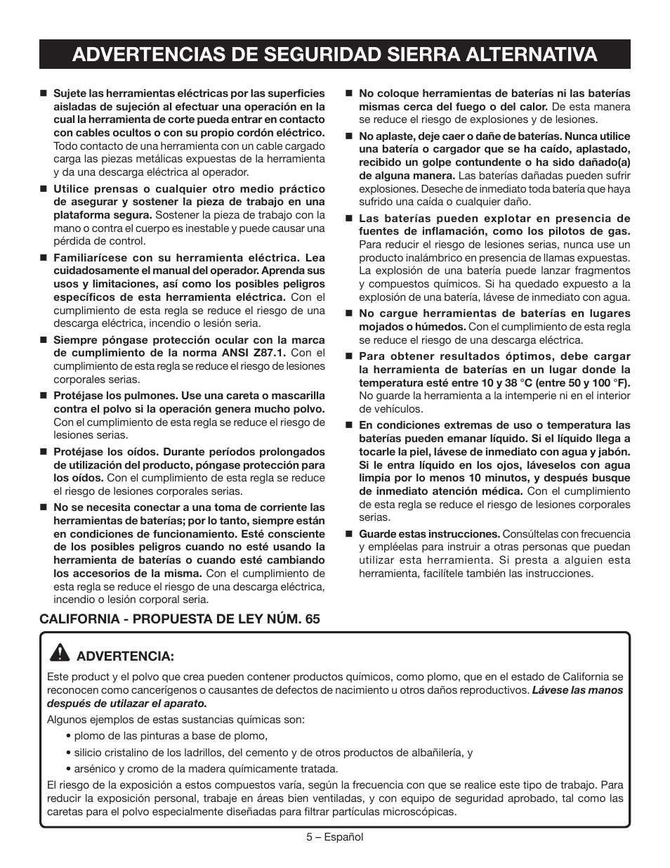 Advertencias de seguridad sierra alternativa | Ryobi P513 User Manual | Page 23 / 32