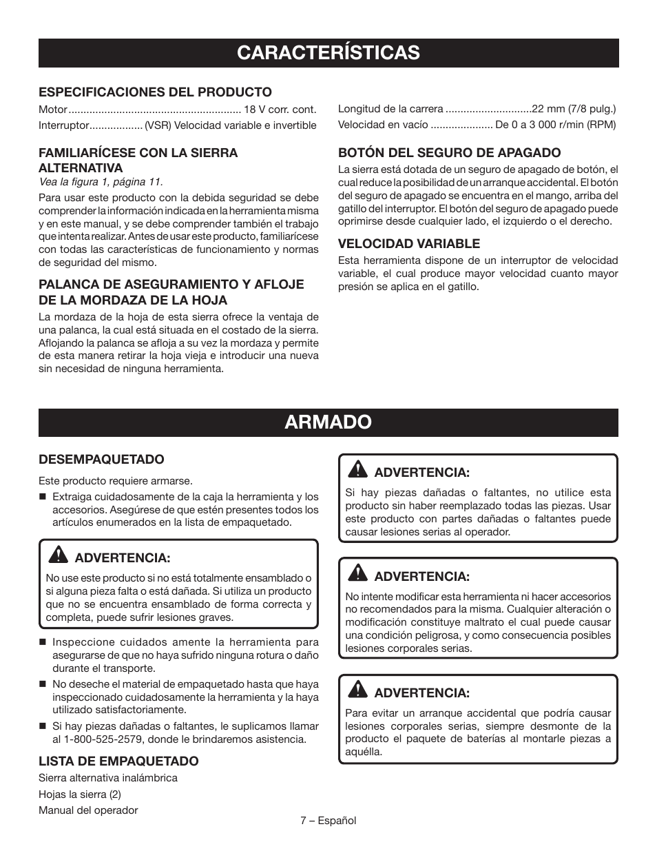 Características, Armado | Ryobi P513 User Manual | Page 25 / 32