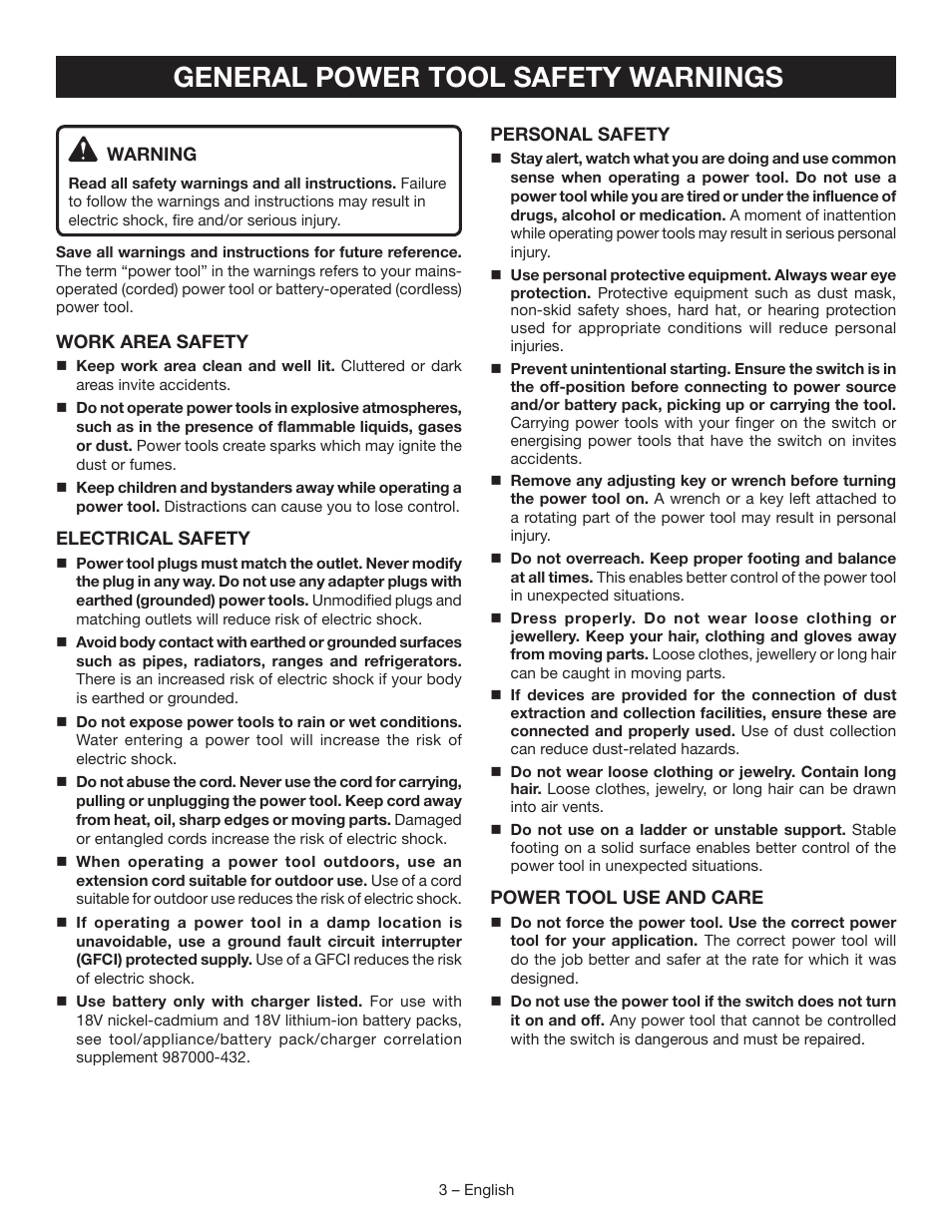 General power tool safety warnings | Ryobi P513 User Manual | Page 3 / 32