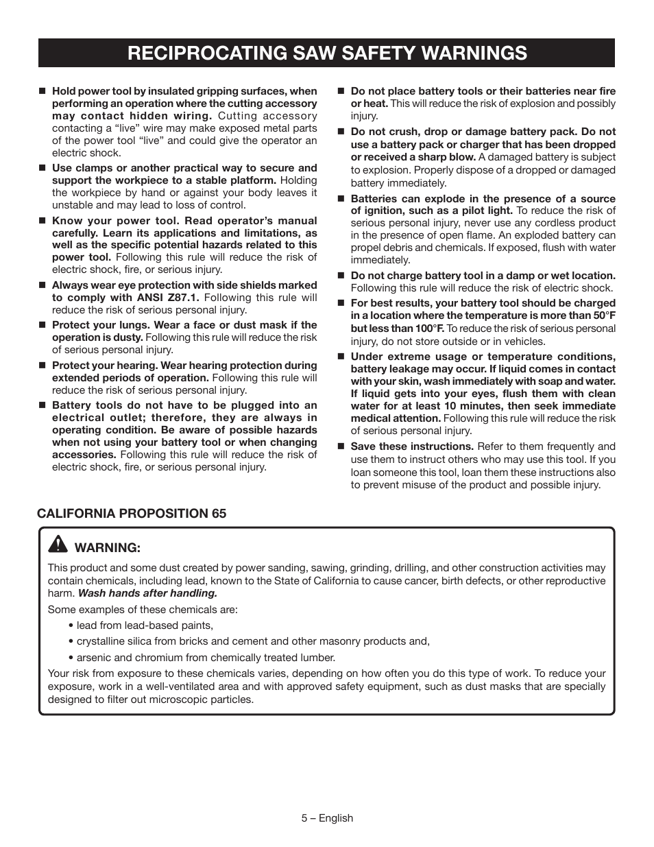 Reciprocating saw safety warnings | Ryobi P513 User Manual | Page 5 / 32